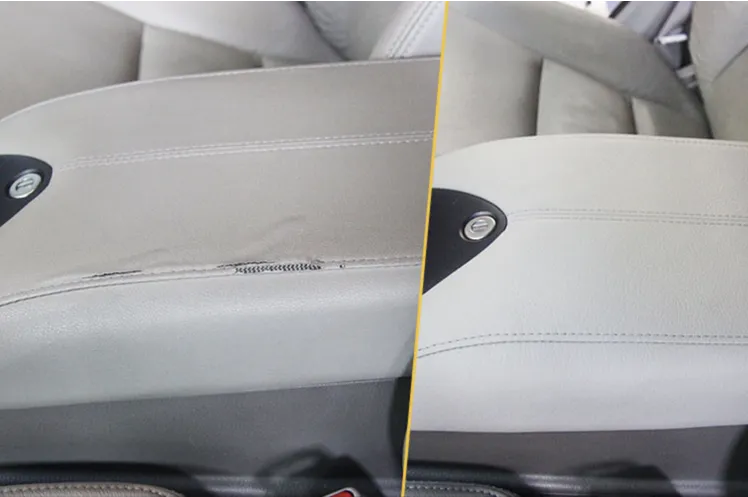Armrest before and after restoration: worn coating by the seam on the left, restored area on the right