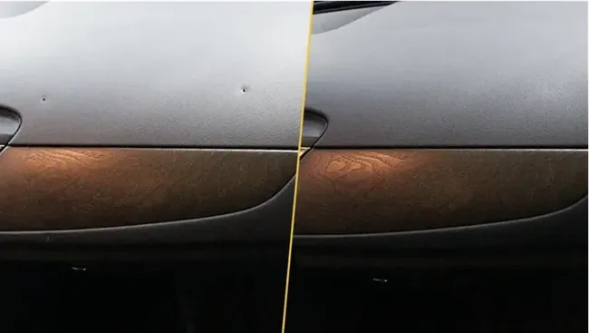 Plastic panel before and after repair: small damaged areas on the left, restored surface on the right